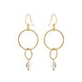 Gold hook earrings with a pearl descending from two interlocking circles.